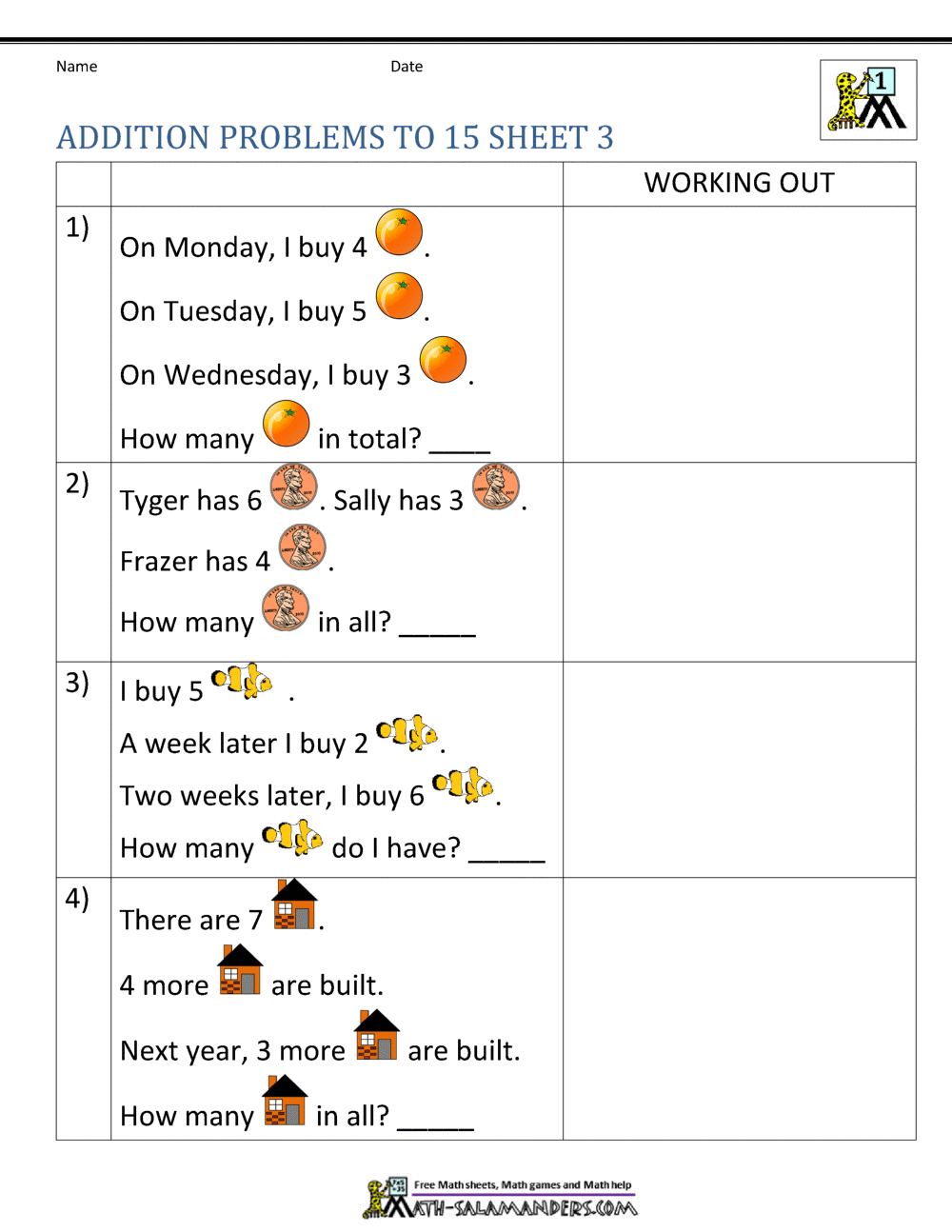 word problems worksheet for 1st