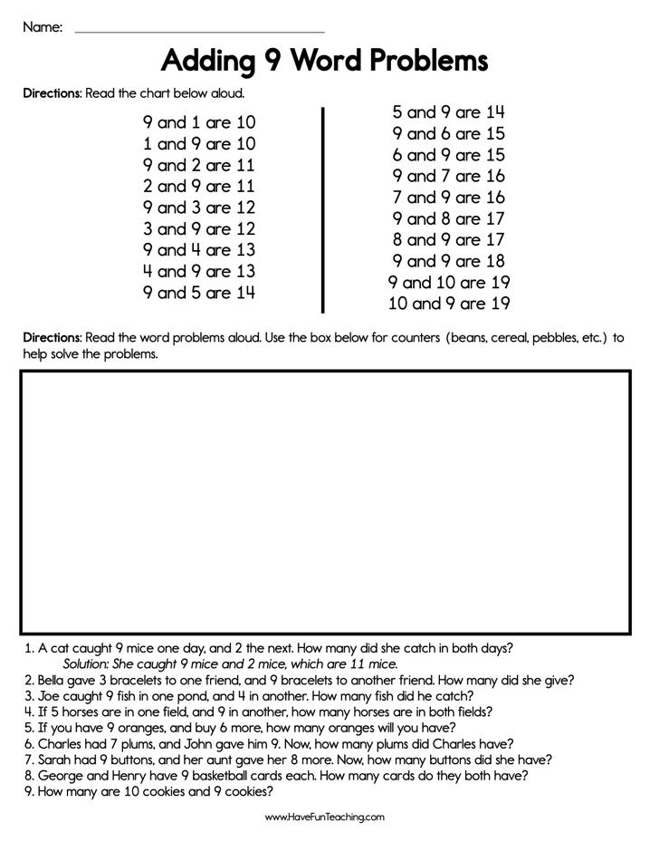 Adding 9 Word Problems Worksheet  