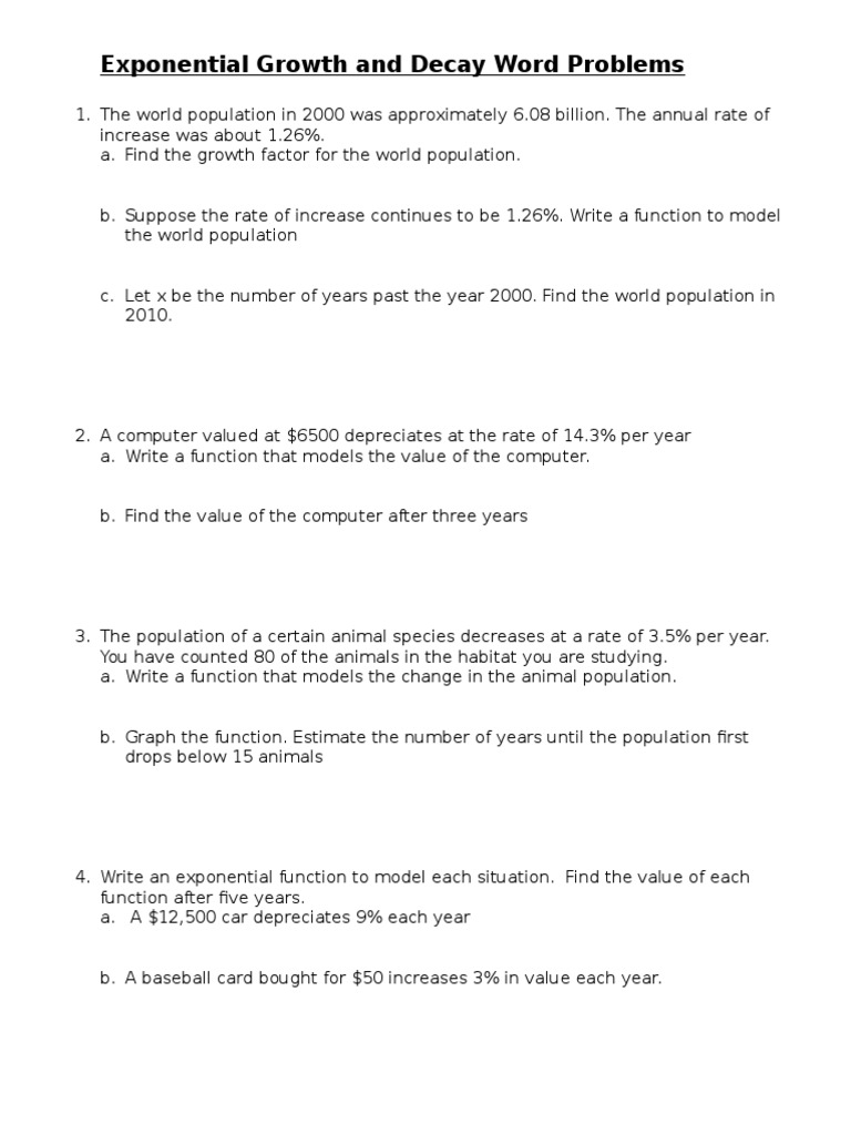 Exponential Growth And Decay Word Problems Worksheet With Answers ...