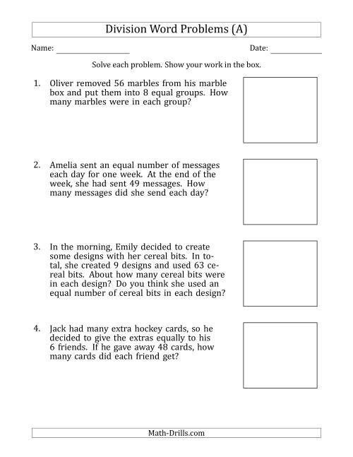 Division Word Problems with Division Facts from 5 to 12 (A)