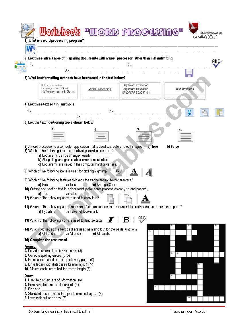 WORD PROCESSING QUIZ - ESL worksheet by bomberito - Worksheets Library