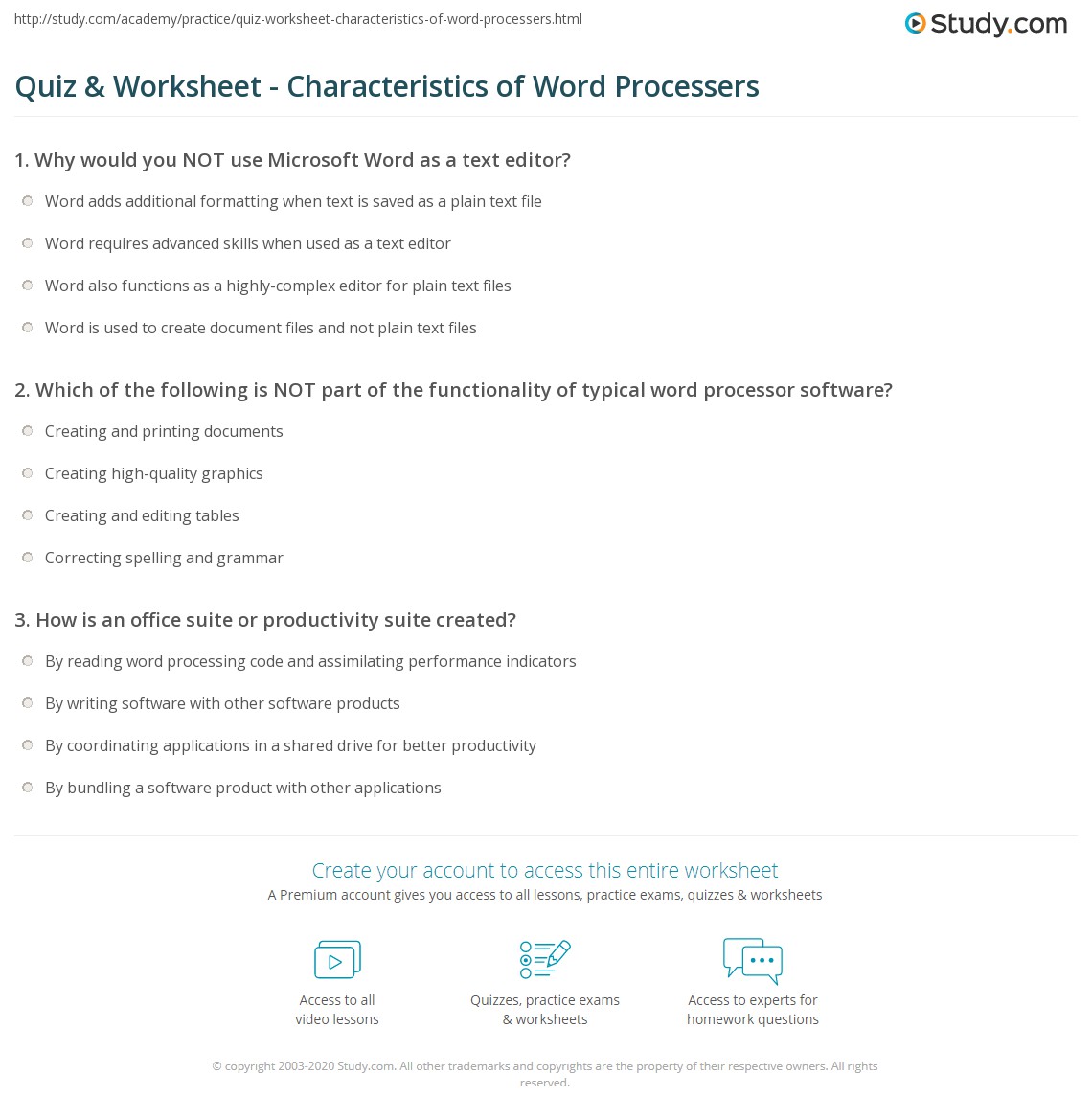 Quiz &  Worksheet - Characteristics of Word Processers | Study.com
