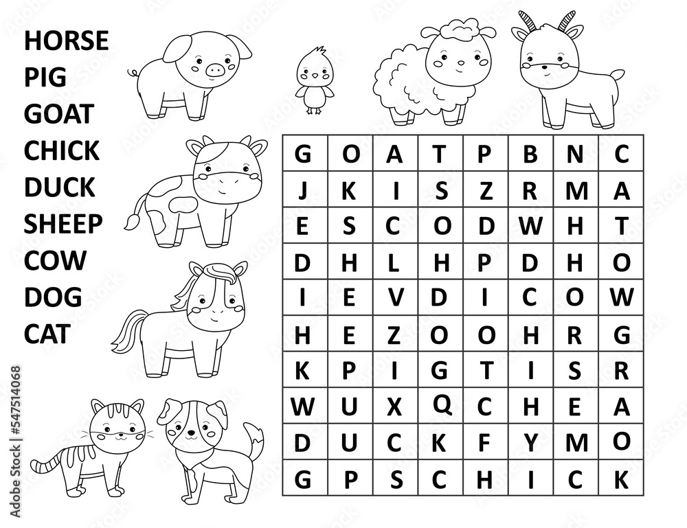Word search game for children. Crossword with farm animals ...