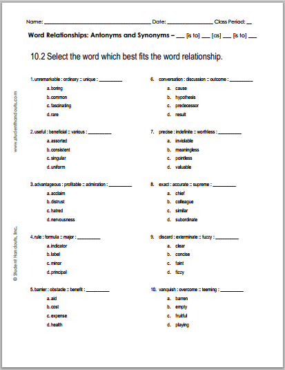 10.2 Word Relationships Quiz | Student Handouts
