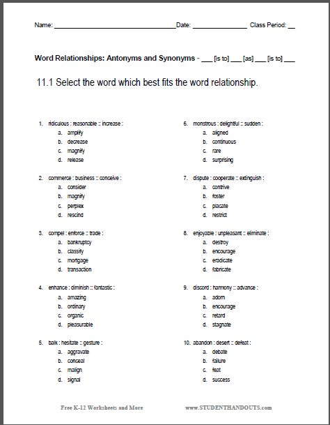 word relationships antonyms and synonyms worksheet