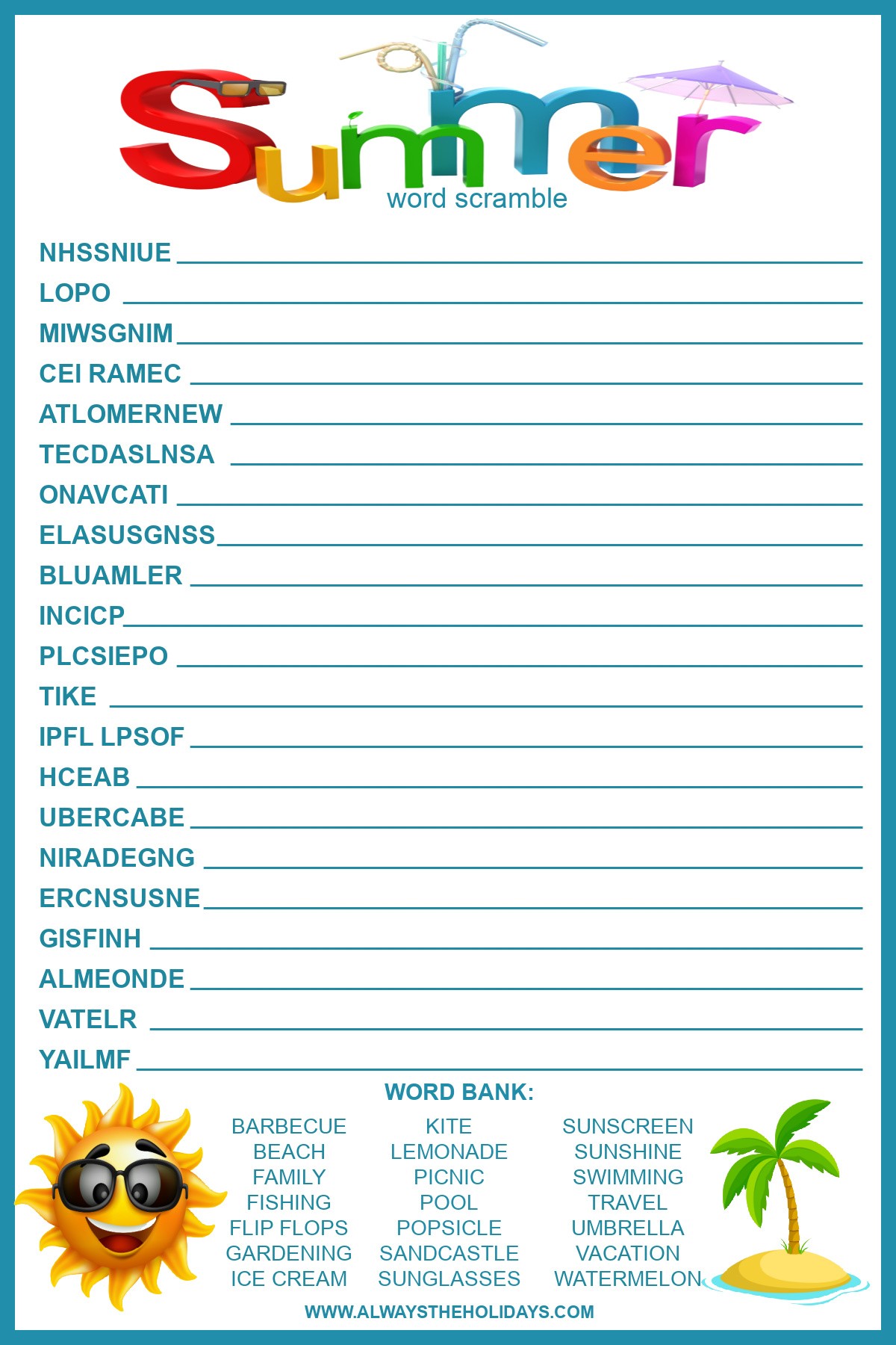 Summer Word Scramble with Answers - Free Summer Printable for Kids