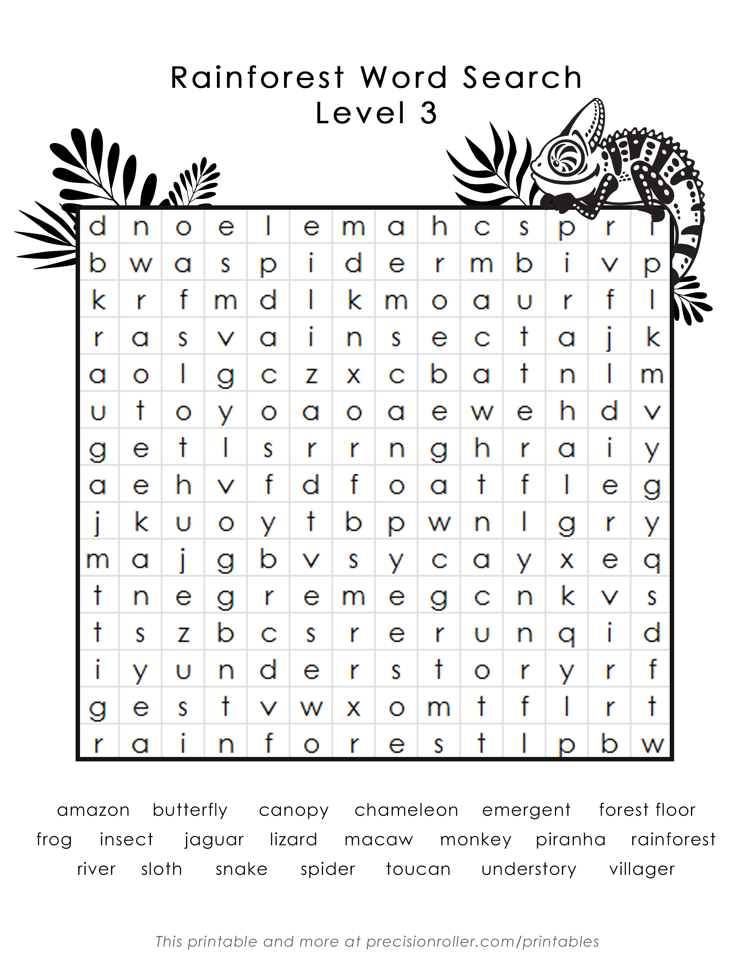 Rainforest-themed Free Printable Word Search - Precision Printables