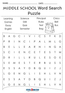 word search worksheet for middle school