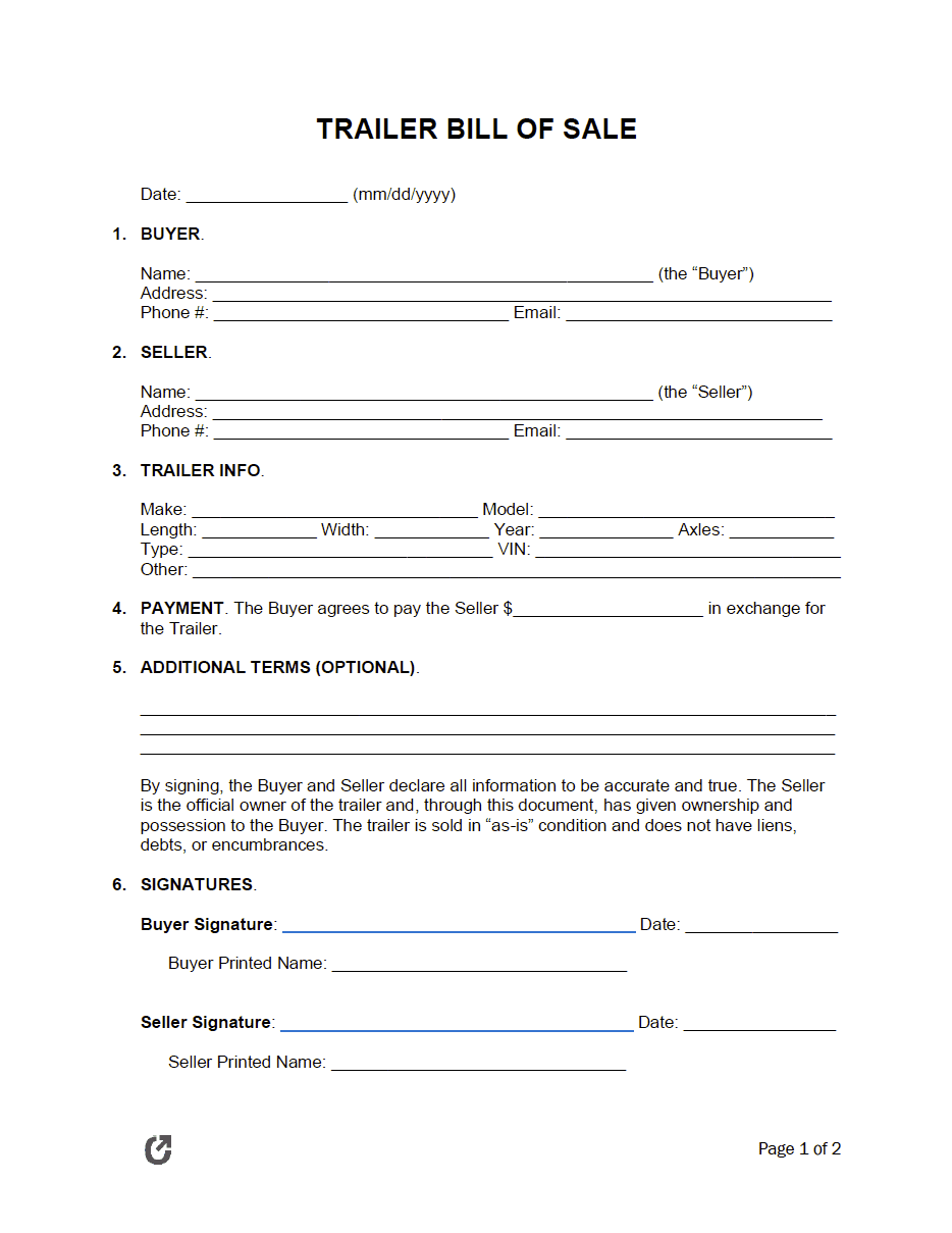 word template bill of sale trailer