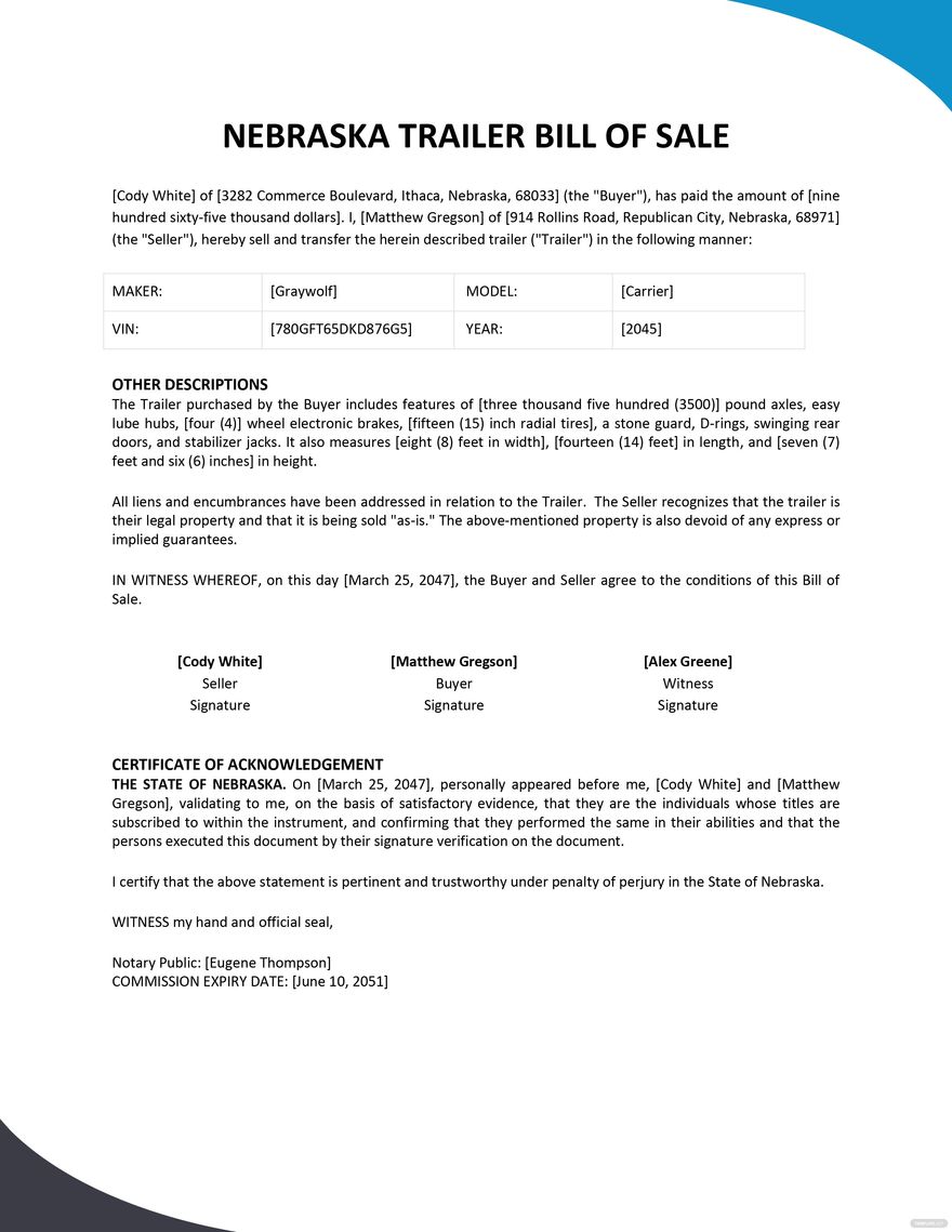 word template bill of sale trailer