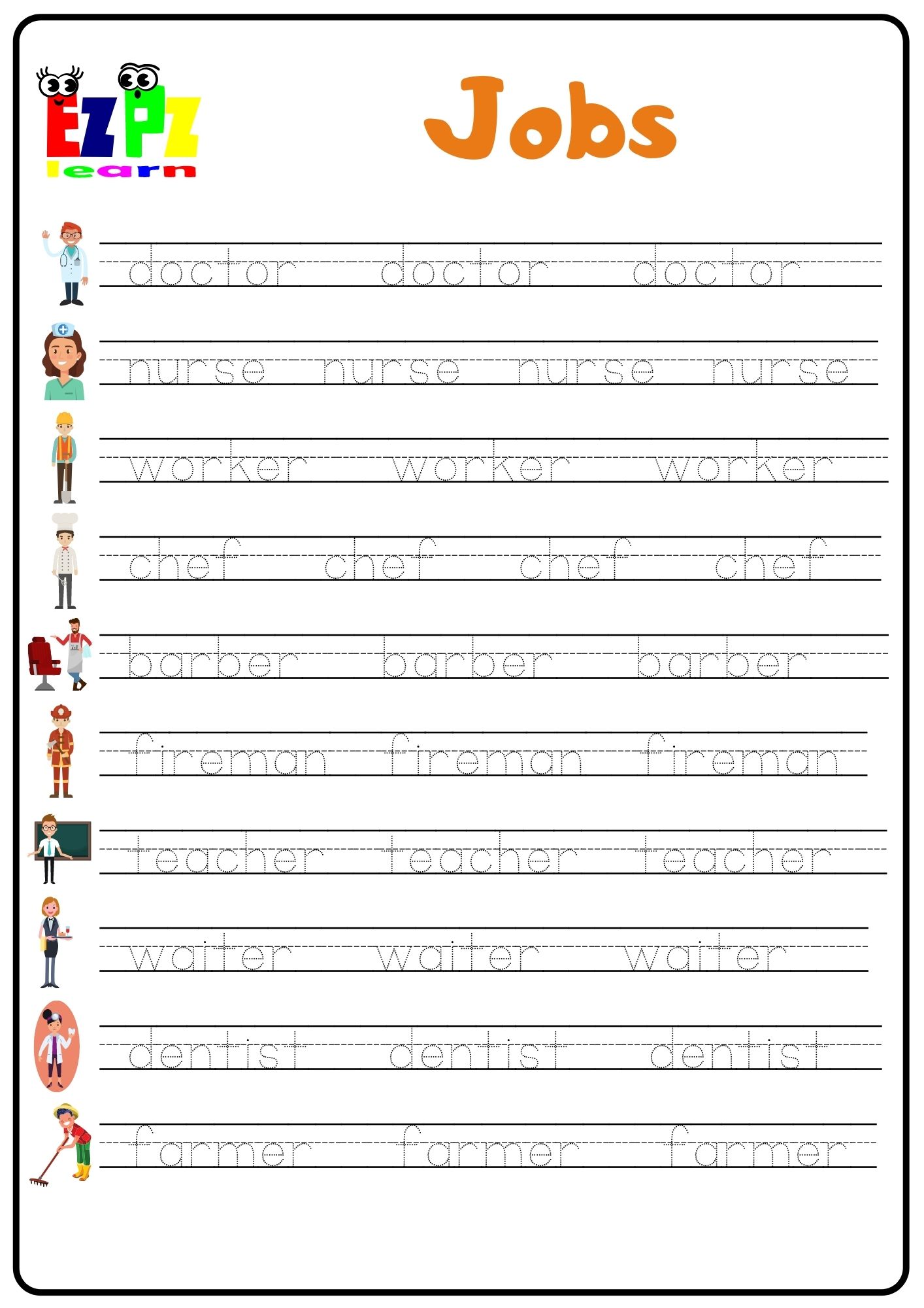 Jobs 1 Word Tracing Worksheet - Ezpzlearn.com