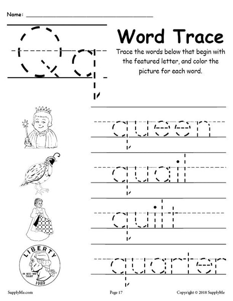Letter Q Words - Alphabet Tracing Worksheet