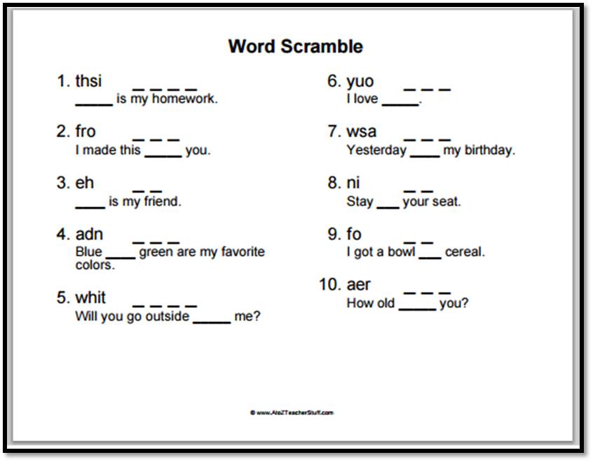 word unscrambler worksheet