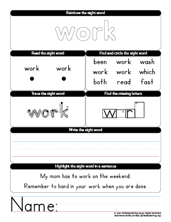 WORK Sight Word Worksheet  