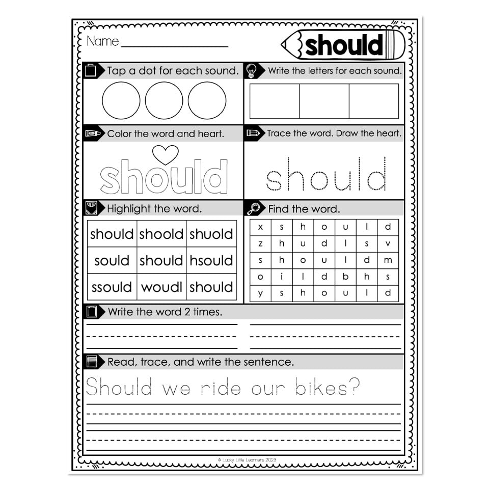 Heart Word Worksheets - Sight Words - Should - Lucky Little Learners