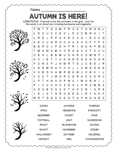 Fall Word Search Worksheet