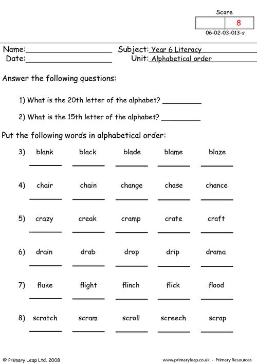 Literacy: Alphabetical order 1 | Worksheet | PrimaryLeap.co.uk