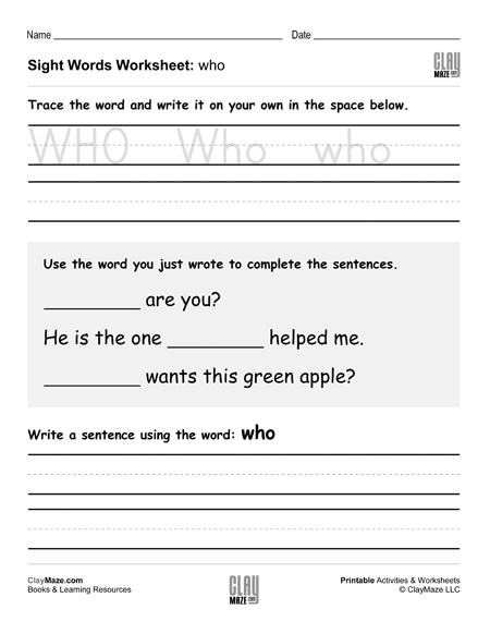 Sight Words Practice Worksheet - Who | Homeschool Books, Math ...