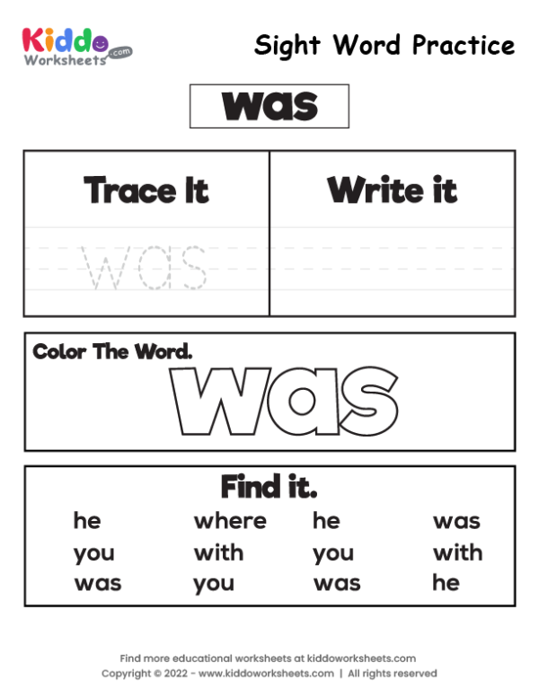 Free Printable Sight Word Practice was Worksheet - kiddoworksheets