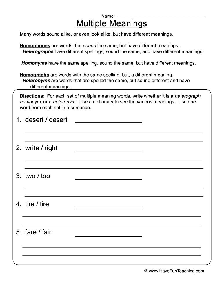 words with multiple meanings worksheet
