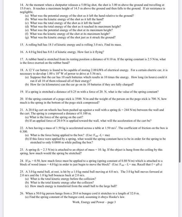 work and energy worksheet