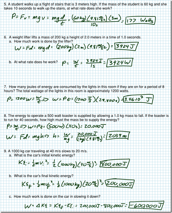 work energy and power worksheet answer key