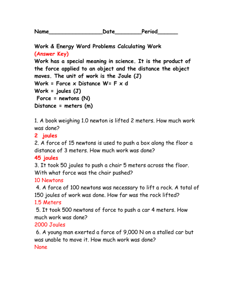 work energy and power worksheet answer key