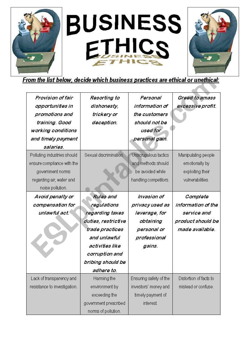 BUSINESS ETHICS - ESL worksheet by spen
