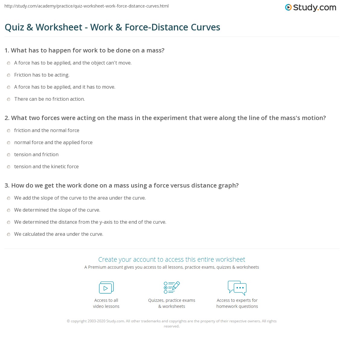 Quiz &  Worksheet - Work &  Force-Distance Curves | Study.com