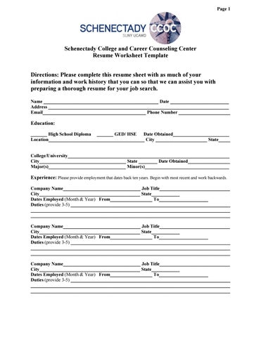 SCCOC Resume Worksheet Template for Participants by Schenectady ...