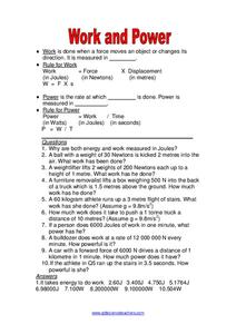 Work and Power Worksheet for 5th - 6th Grade | Lesson Planet