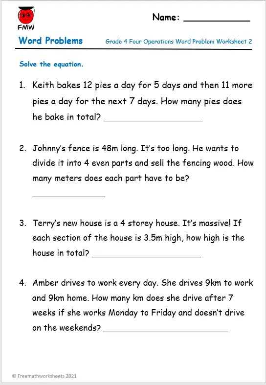Grade 4 Word Problems | Free Worksheets | Printables