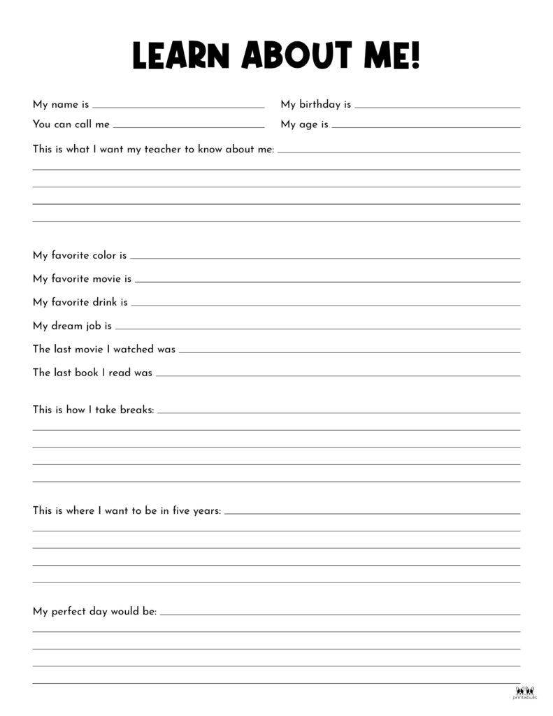All About Me Printable Worksheets - 50 FREE Printables | Printabulls