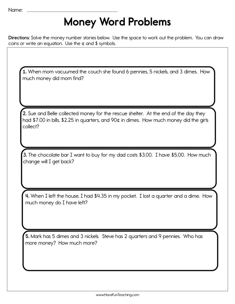Solving Money Word Problems Worksheet  