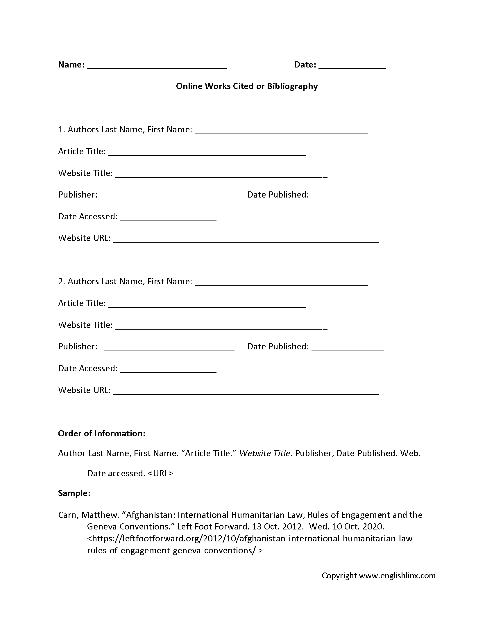 worksheets library | Works Cited Worksheets