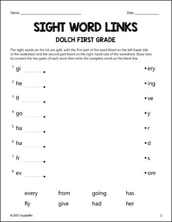 First Grade Sight Words Worksheets - Word Links, All 41 Dolch 1st ...