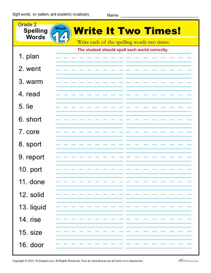 Second Grade Spelling Words List - Week 14 | K12reader
