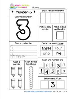 Number Worksheets for Kindergarten | Number 3 Worksheet