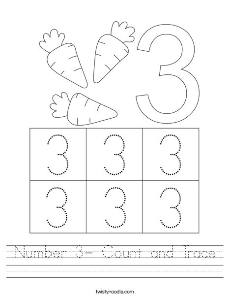 Number 3- Count and Trace Worksheet - Twisty Noodle
