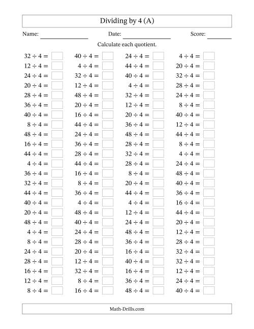 Horizontally Arranged Dividing by 4 with Quotients 1 to 12 (100 ...