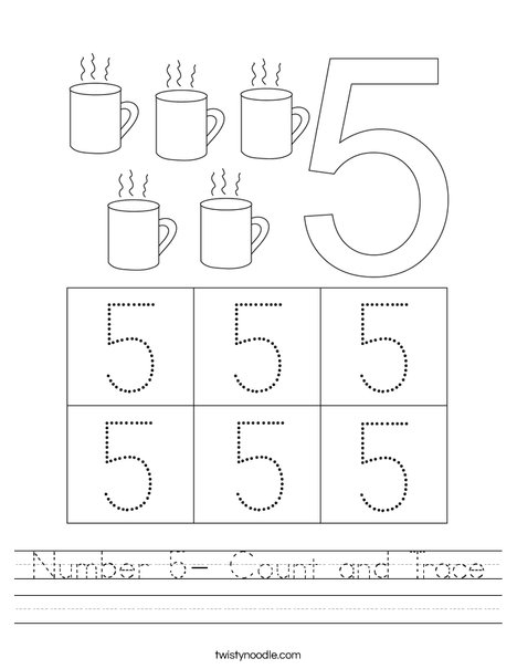 Number 5- Count and Trace Worksheet - Twisty Noodle