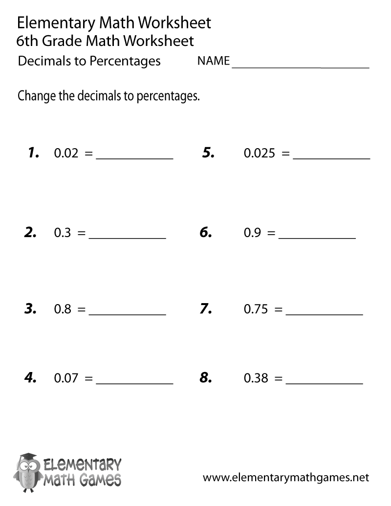 Sixth Grade Decimals to Percentages Worksheet