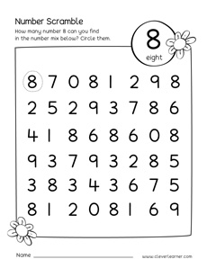 Number scramble activity worksheet for number 8 for preschool children