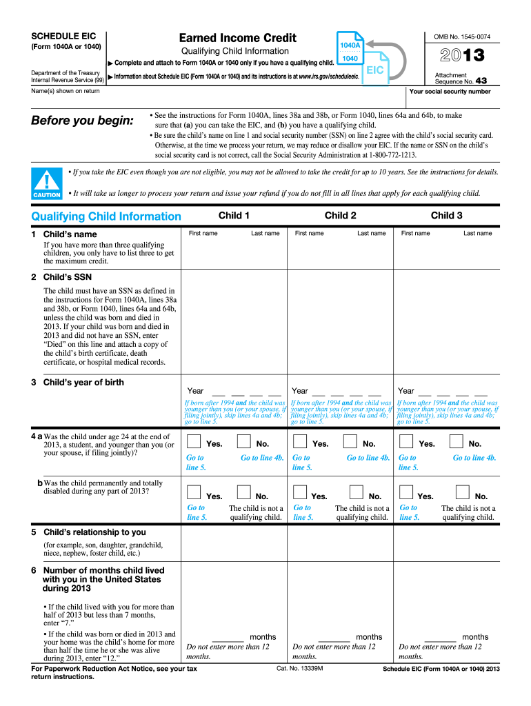 2013 Form IRS 1040 - Schedule EIC Fill Online, Printable, Fillable ...