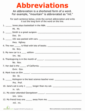 Abbreviations for Words | Worksheet 