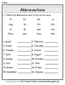 Abbreviations Worksheet for 2nd - 3rd Grade | Lesson Planet