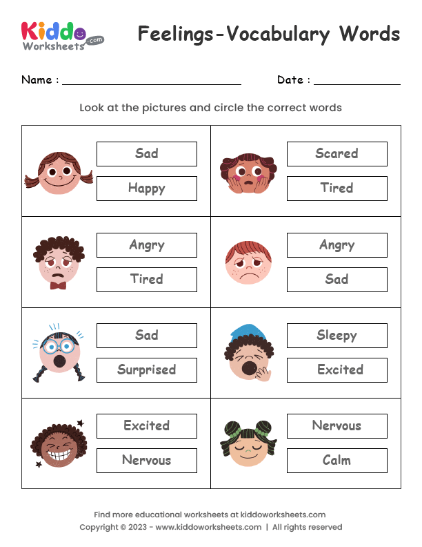 Free Printable Feelings Vocabulary Worksheet - kiddoworksheets