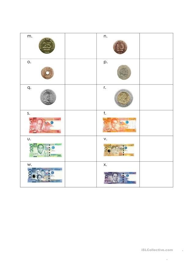 worksheet about money