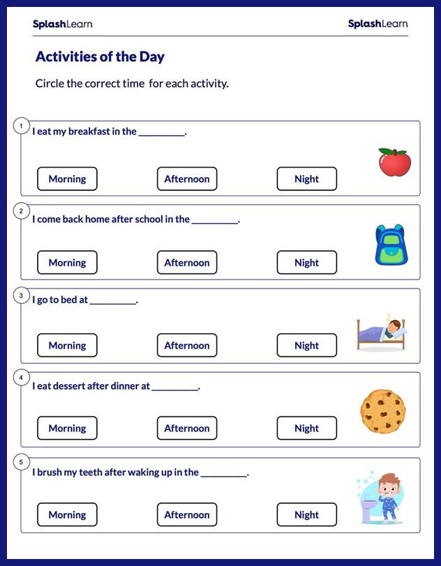 Time of Activities of the Day - Math Worksheets - SplashLearn
