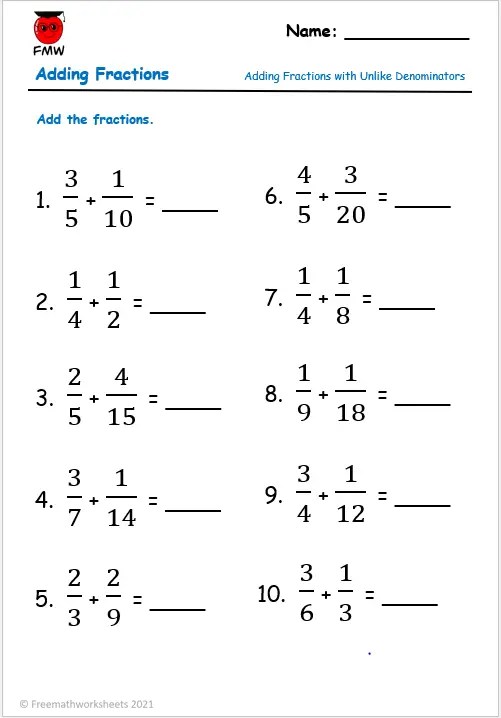 Adding Fractions with Unlike Denominators | Free Worksheets ...